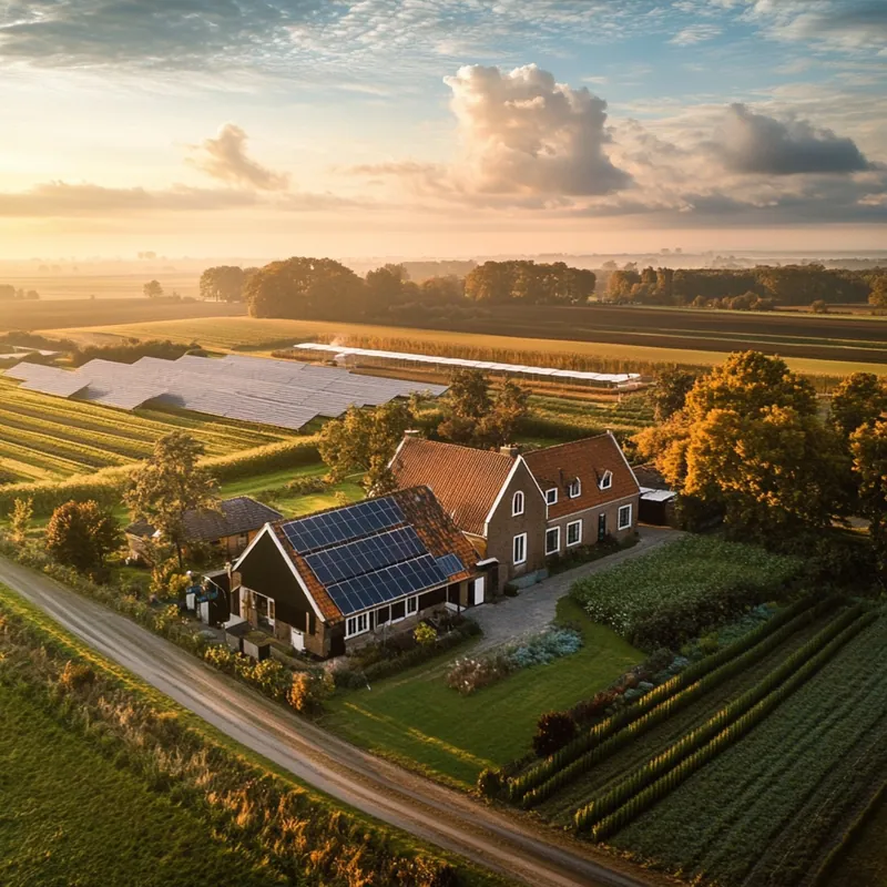 Bauernhof mit Photovoltaikanlage aus der Luft bei Sonnenuntergang